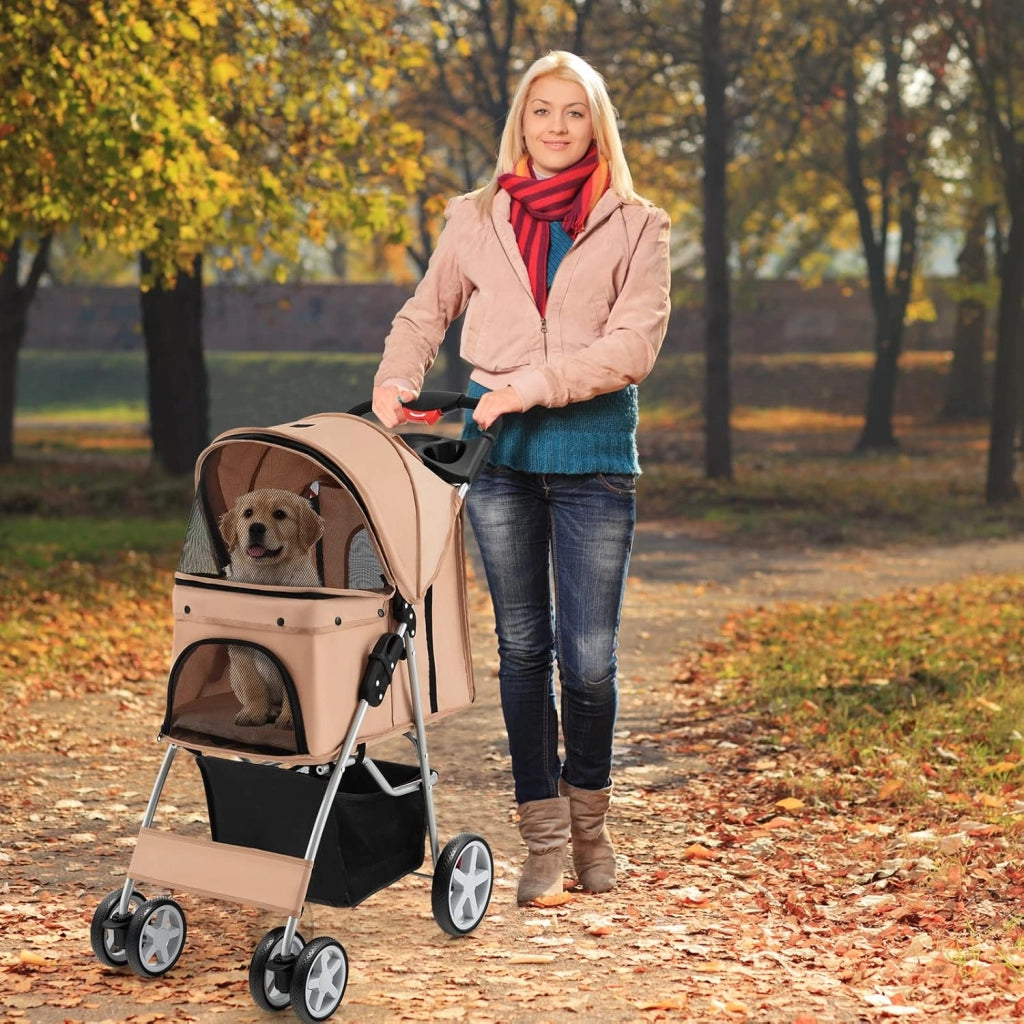 Passeggino per Cani e Gatti Pieghevole Fino 15 kg, Carrello per Animali Domestici, Trasportino Carrozzina Portatile da Viaggio e Passeggio con Tettuccio per Cuccioli, 87 x 46 x 102 cm (Beige)