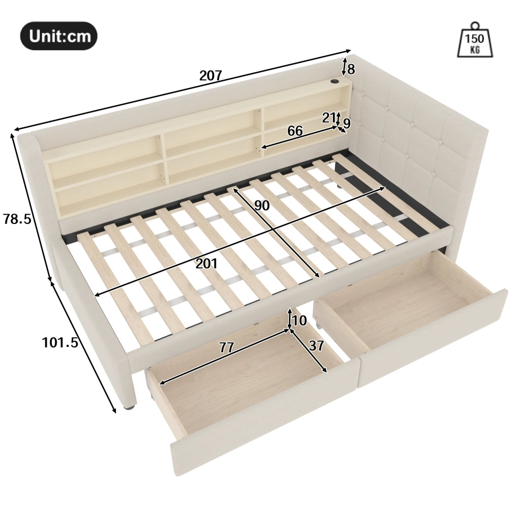Letto da giorno ULEVR 90x200 cm con 2 cassetti, prese USB e Type-C, ripiani integrati, beige