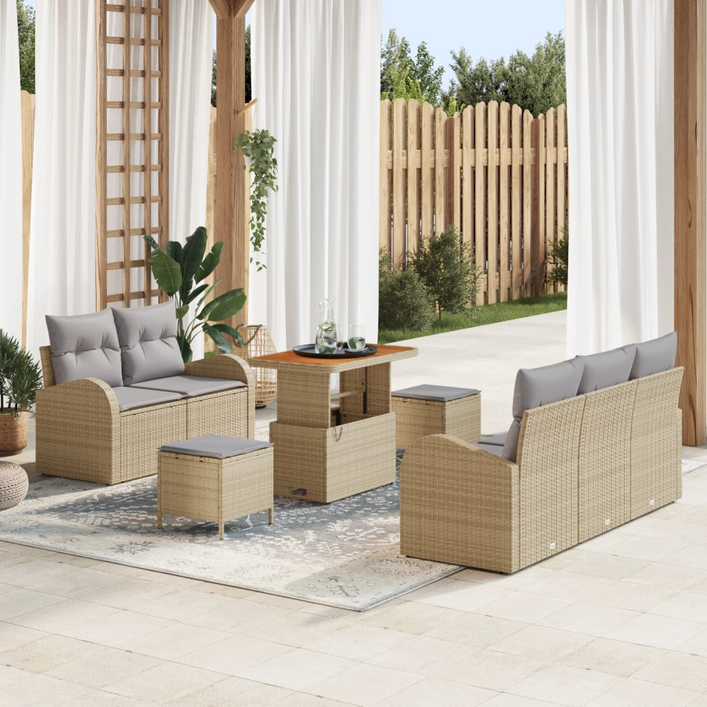 Set di divani da giardino a 8 pezzi con cuscini Beige Polyrattan Acacia
