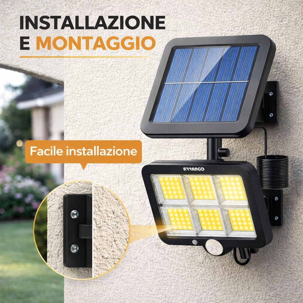 Faretti Solari LED da Esterno (2 Pezzi), 100 LED COB con Sensore di Movimento e Crepuscolare, Luce Solare Potente con Pannello Solare, Impermeabili IP65, Lampade Solari da Parete per Giardino, Garage.