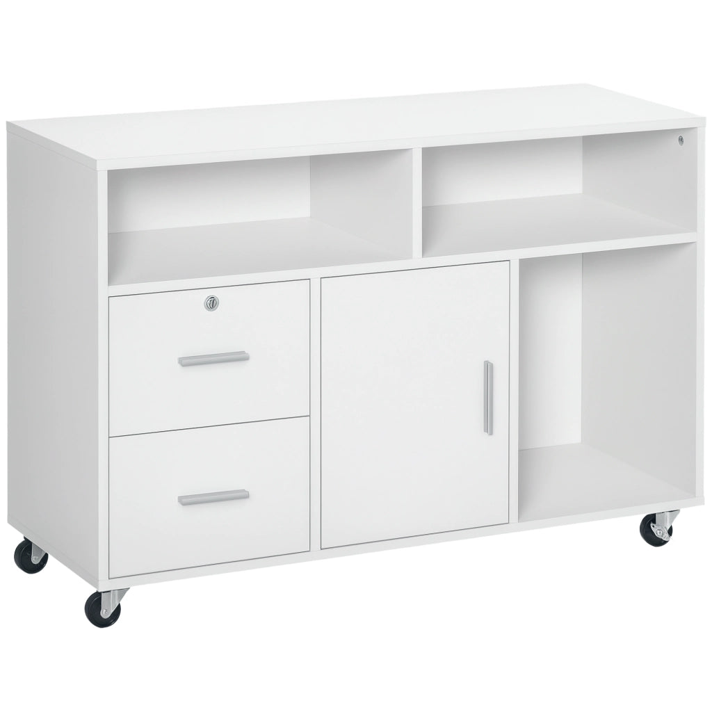 Mobile Porta Stampante a Rotelle con 2 Cassetti Chiudibile a Chiave, 3 Ripiani e Armadietto, Mobile Stampante per Documenti da Ufficio e Studio, 100x35x65 cm, Bianco