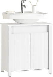 Mobile Sottolavabo Bagno – Mobiletto Bagno con 2 Ante, Ripiano Regolabile & Coprisifone – Mobile Bagno Salvaspazio Compatto, Bianco, 60x65,5x34cm BZR101-W