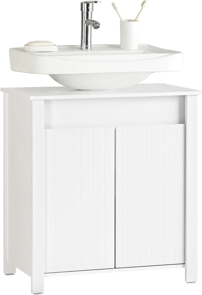 Mobile Sottolavabo Bagno – Mobiletto Bagno con 2 Ante, Ripiano Regolabile & Coprisifone – Mobile Bagno Salvaspazio Compatto, Bianco, 60x65,5x34cm BZR101-W
