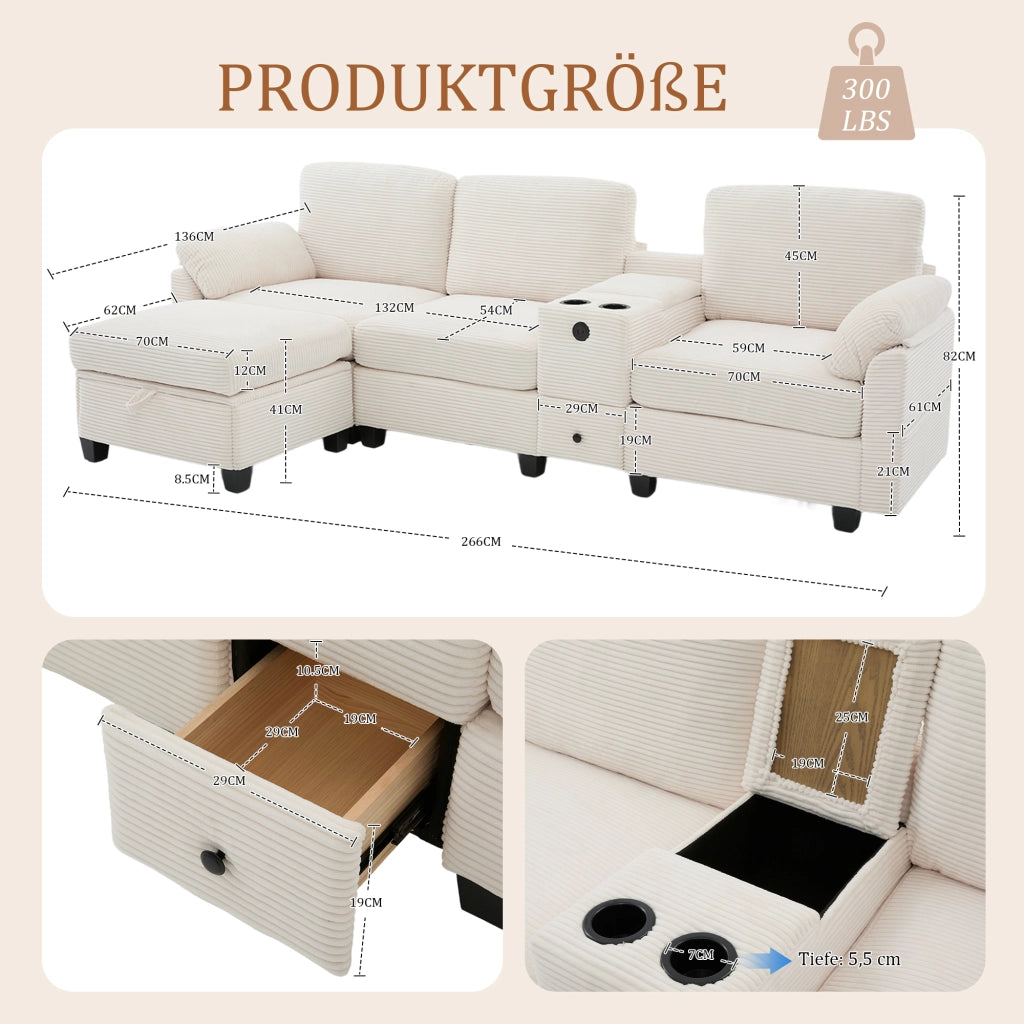 Divano modulare 4 posti - con console scorrevole e pouf contenitore - in velluto a coste beige
