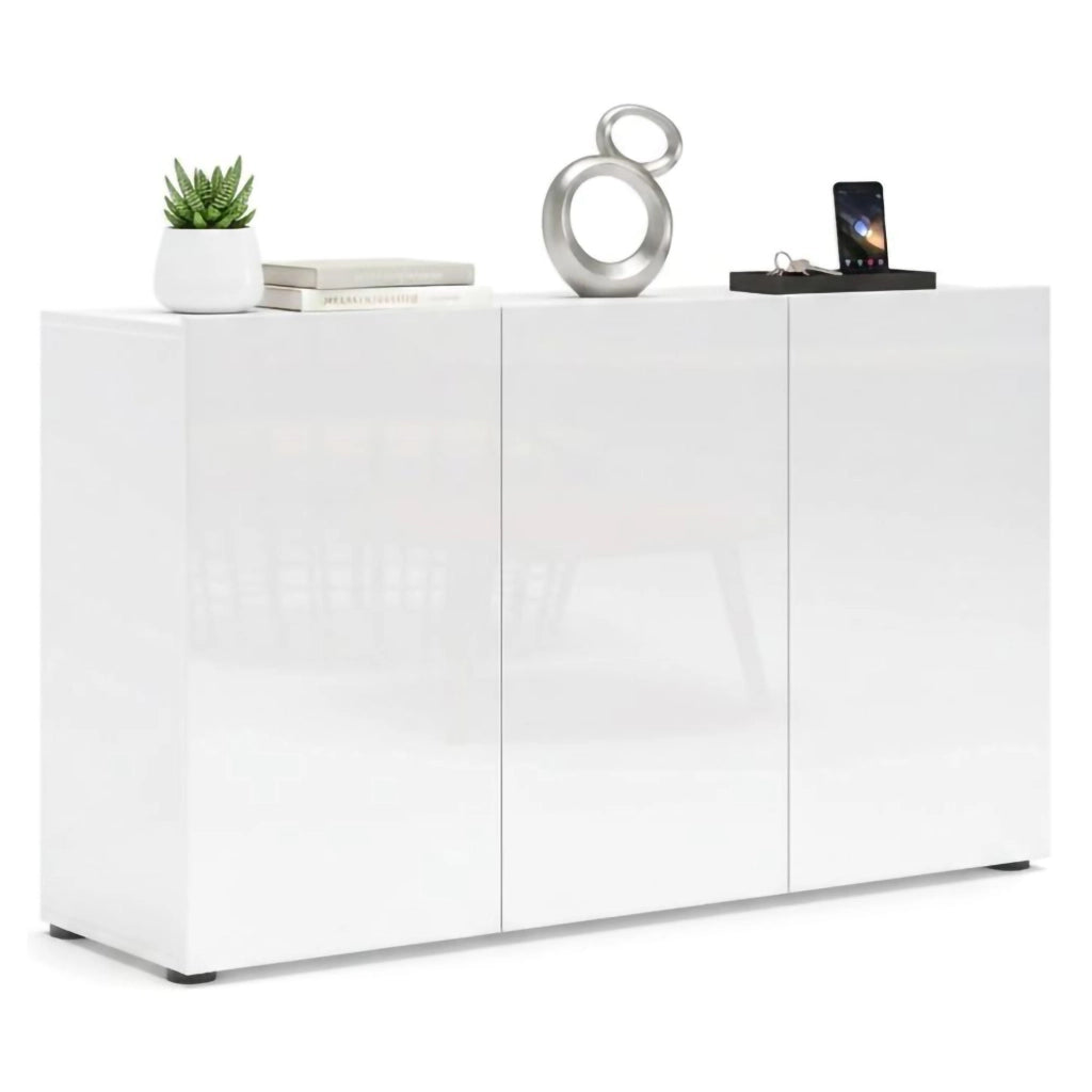 Credenza Amelyah, Buffet da soggiorno, Madia da salotto, Dispensa da cucina, Made in Italy, 135x38h79 cm, Bianco lucido