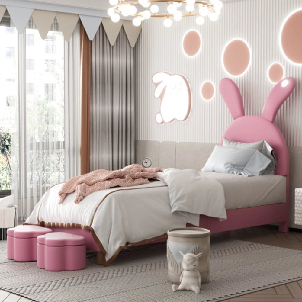 Lit LED per bambini con tabouret - Xylo - 90x200 cm - Rosa - Testiera regolabile