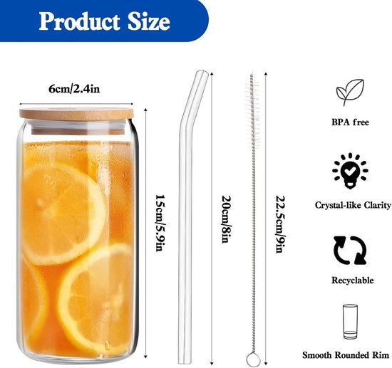 Set di bicchieri in vetro con coperchi in bambù e manici in vetro, 4 set bicchieri da 16 oz per caffè freddo, bicchieri a forma di lattina, bicchieri da birra, bicchieri da pint, ideali per acqua, cocktail, whisky, bibite, regalo
