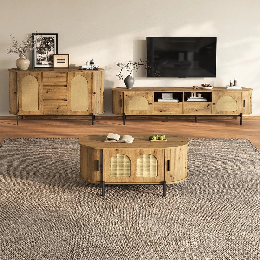 Set Tavolino da Salotto 3 Pezzi ¨C MINIMAL ¨C Legno, Metallo, Effetto Rattan