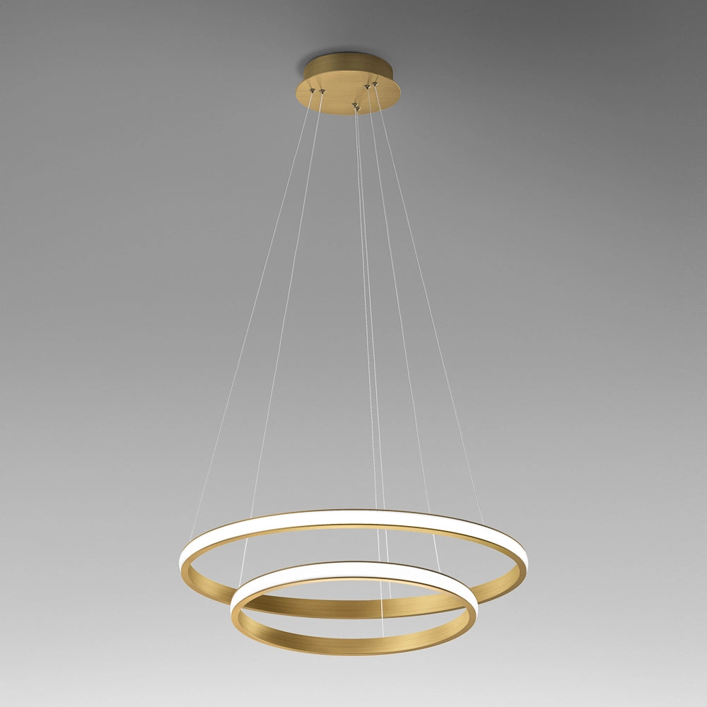 Lampadario led Iole S2 40W dimmerabile - Sospensione moderna oro spazzolato a doppio anello, luce calda 3000K, 2000lm, design elegante