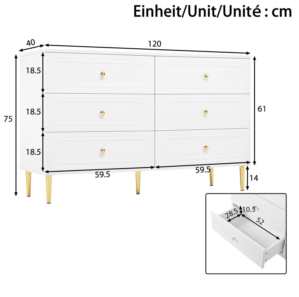 Sideboard bianco con 6 cassetti; frontali ovali e gambe in metallo; 120x40x75 cm