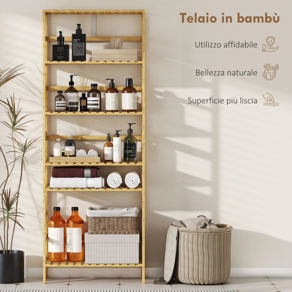 Scaffale Autoportante 60x26x161 cm a 6 Livelli con Ripiani Regolabili in Legno di Bambù Legno Naturale
