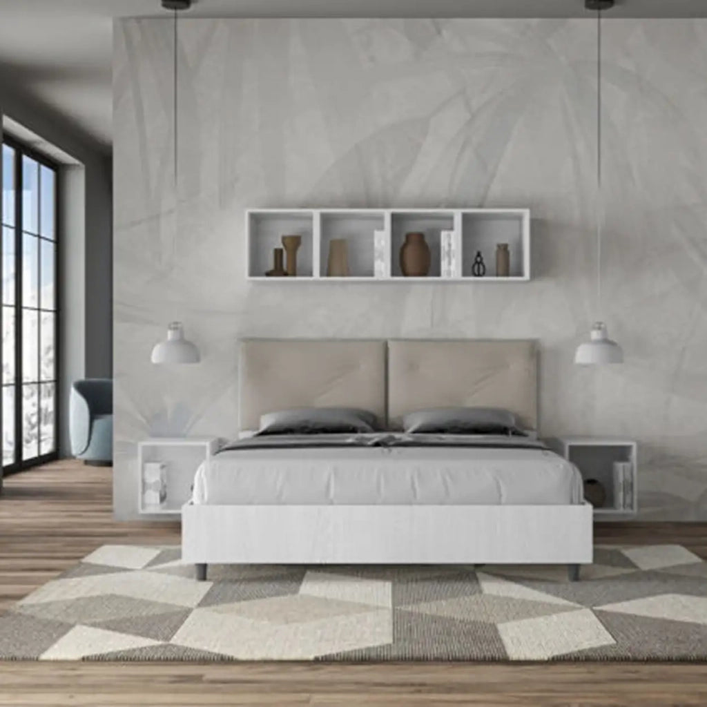 Letto matrimoniale contenitore 160x190 bianco frassino cuscini similpelle tortora Egos Appia