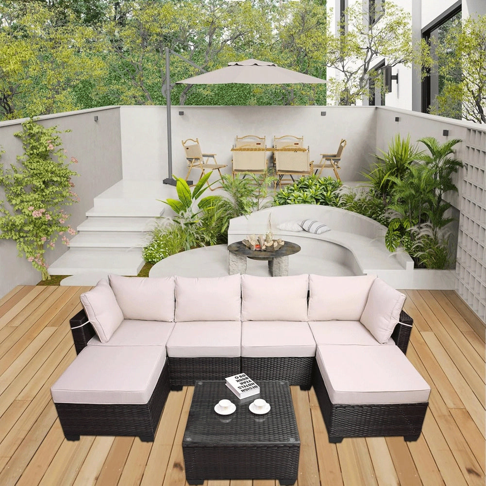 Set Patio Divano Modulabile da Esterno in Polyrattan Cuscini Beige da Giardino