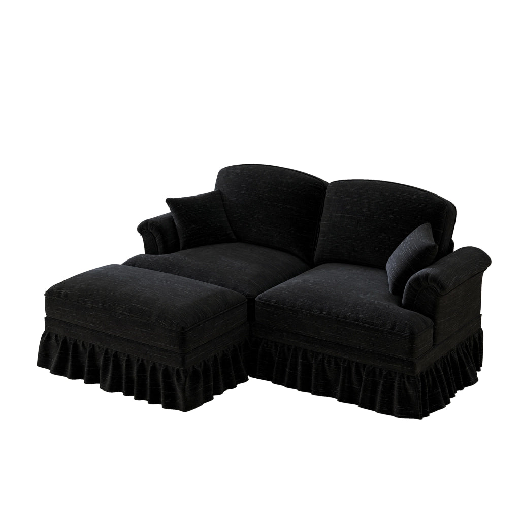 Divano Modulare 2 Posti con Poggiapiedi ¨C MINIMAL ¨C Chenille Nero, Gambe a Fuso, Braccioli