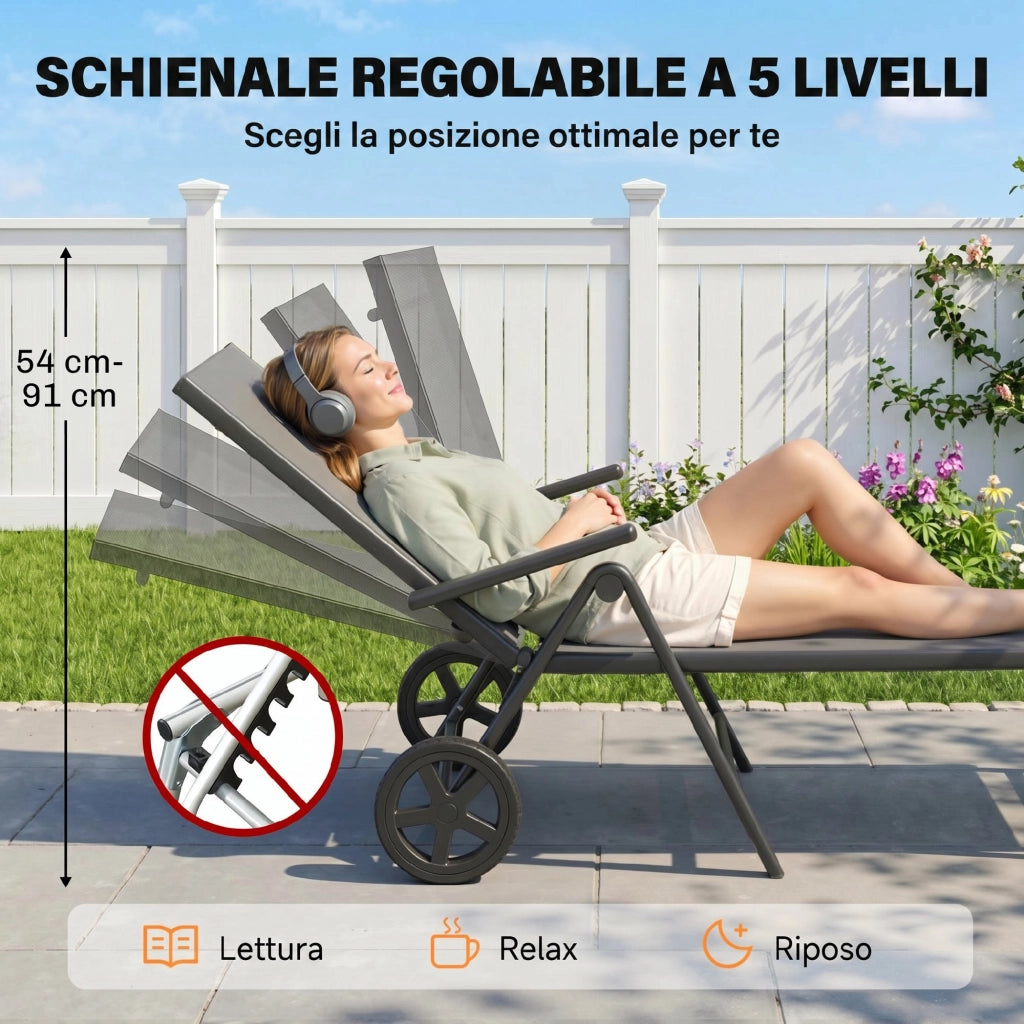 Lettino Sdraio Pieghevole e Reclinabile in 5 Posizioni con Rotelle, in Metallo e Textilene, 72x158x84 cm, Grigio