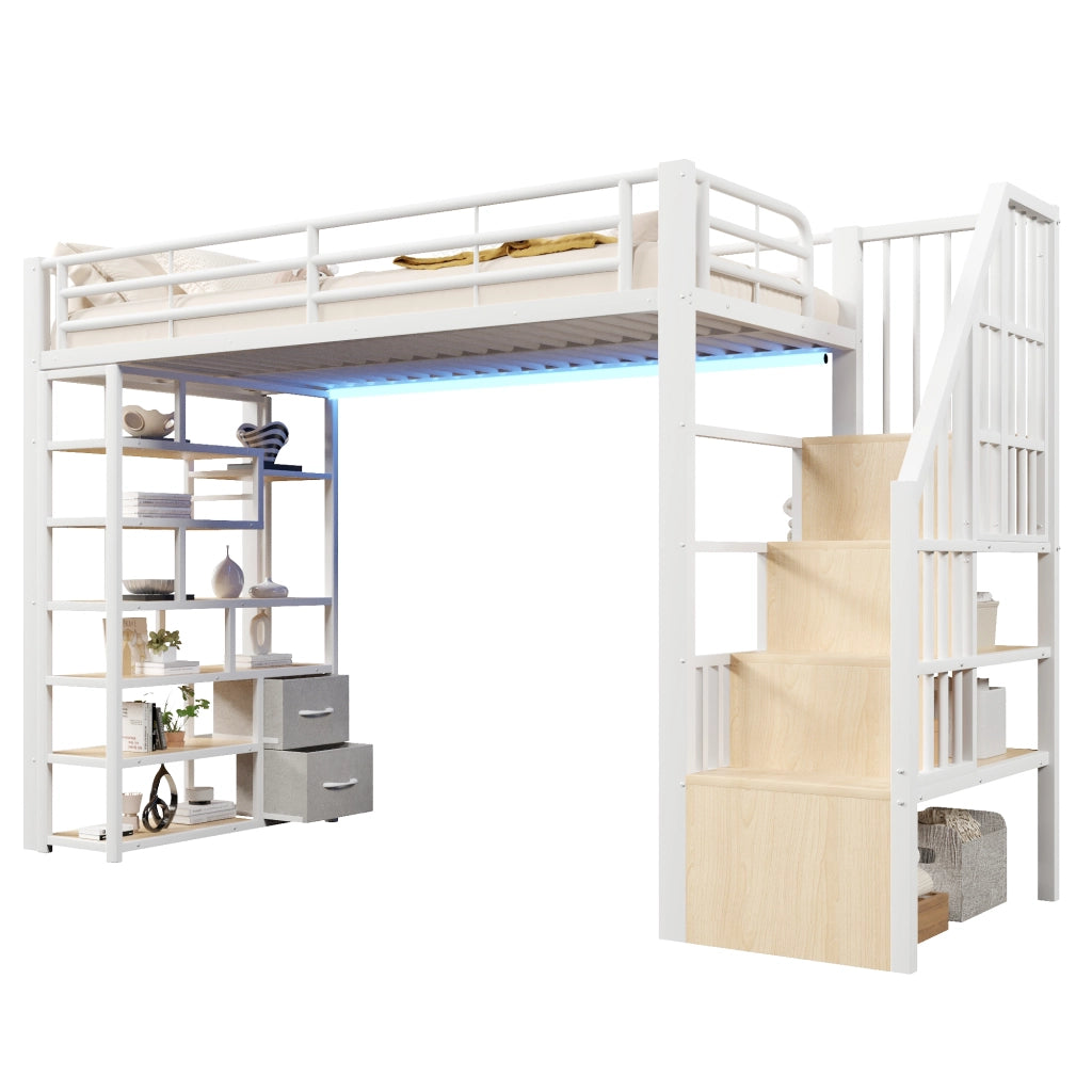 Letto a soppalco 90x200 cm con cassetti in tessuto; spazio sottostante; LED; ripiano; gradini e parapetto; metallo bianco
