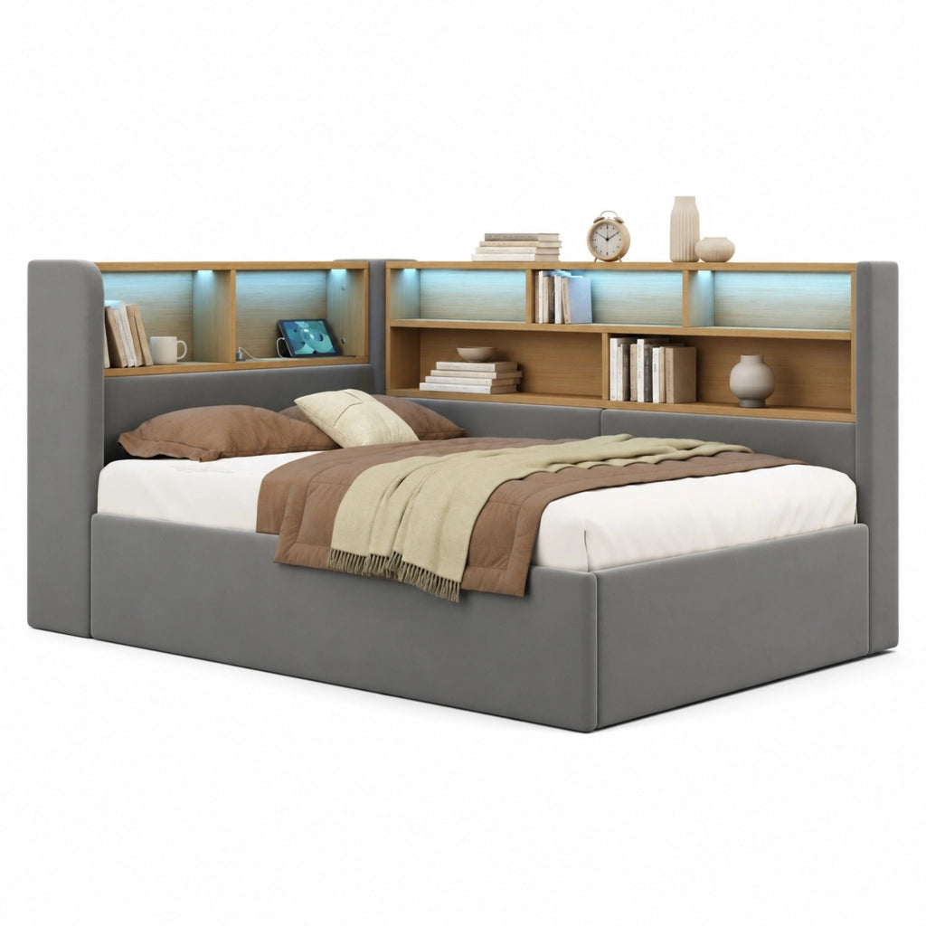 Letto con contenitore idraulico, imbottito in velluto grigio, con LED, USB e Type-C, struttura integrata, senza materasso