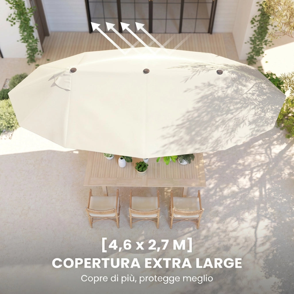 Ombrellone da Giardino Doppio da Giardino 4.6x2.7 m a 12 Stecche con Prese d'Aria e Manovella, Ombrellone per Esterno in Acciaio e Poliestere, Anti UV, per Balcone e Terrazza, Beige