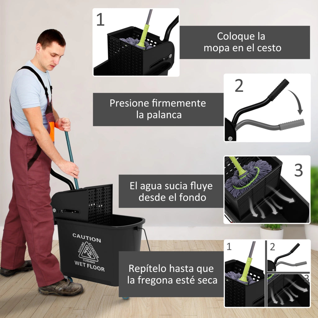 Secchio per Lavapavimenti con Ruote e Strizzatore ¨C Xylo ¨C 20L 60x27x70,5cm Nero