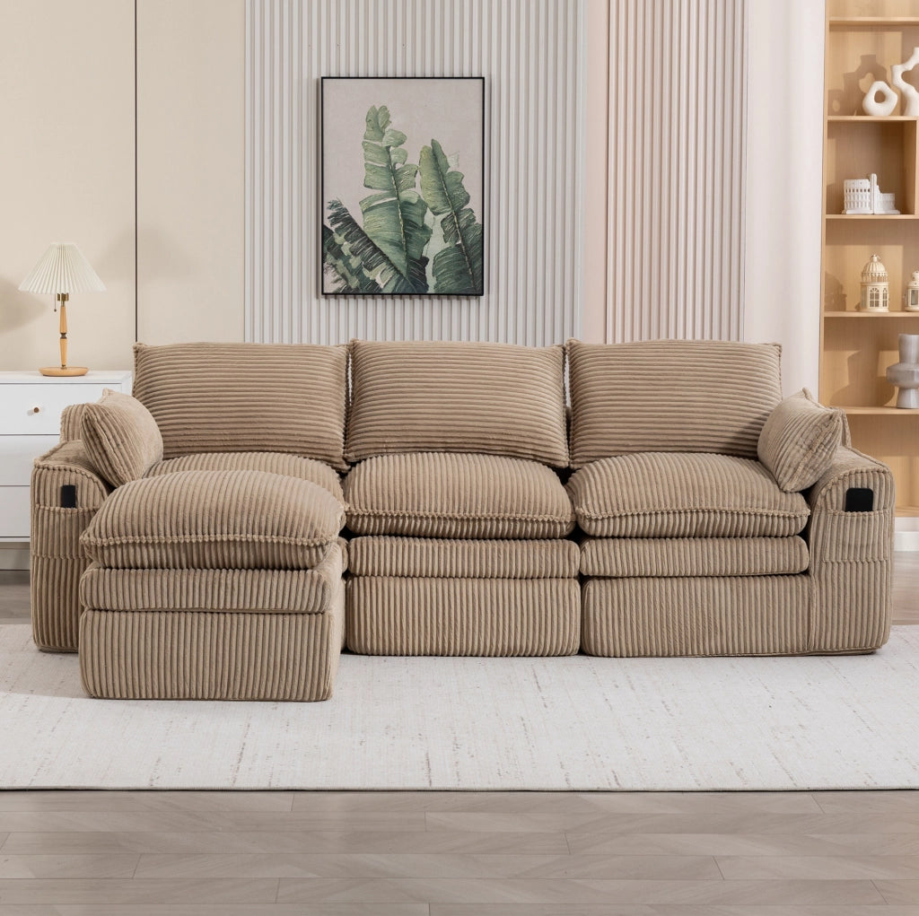 Divano modulare in velluto a coste con pouf; khaki; 263 x 167 x 85 cm