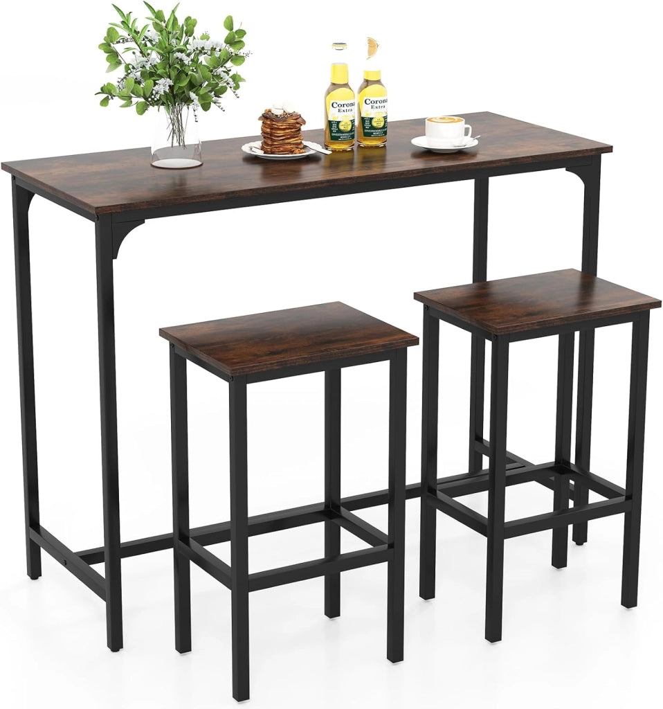 Tavolo con 2 Sgabelli in Metallo e Legno, Set da Pranzo 3 Pezzi, Tavolo Rettangolare da Cucina con 2 Sedie per Sala da Pranzo, Appartamento e Bistro, Stile Retrò (Marrone)