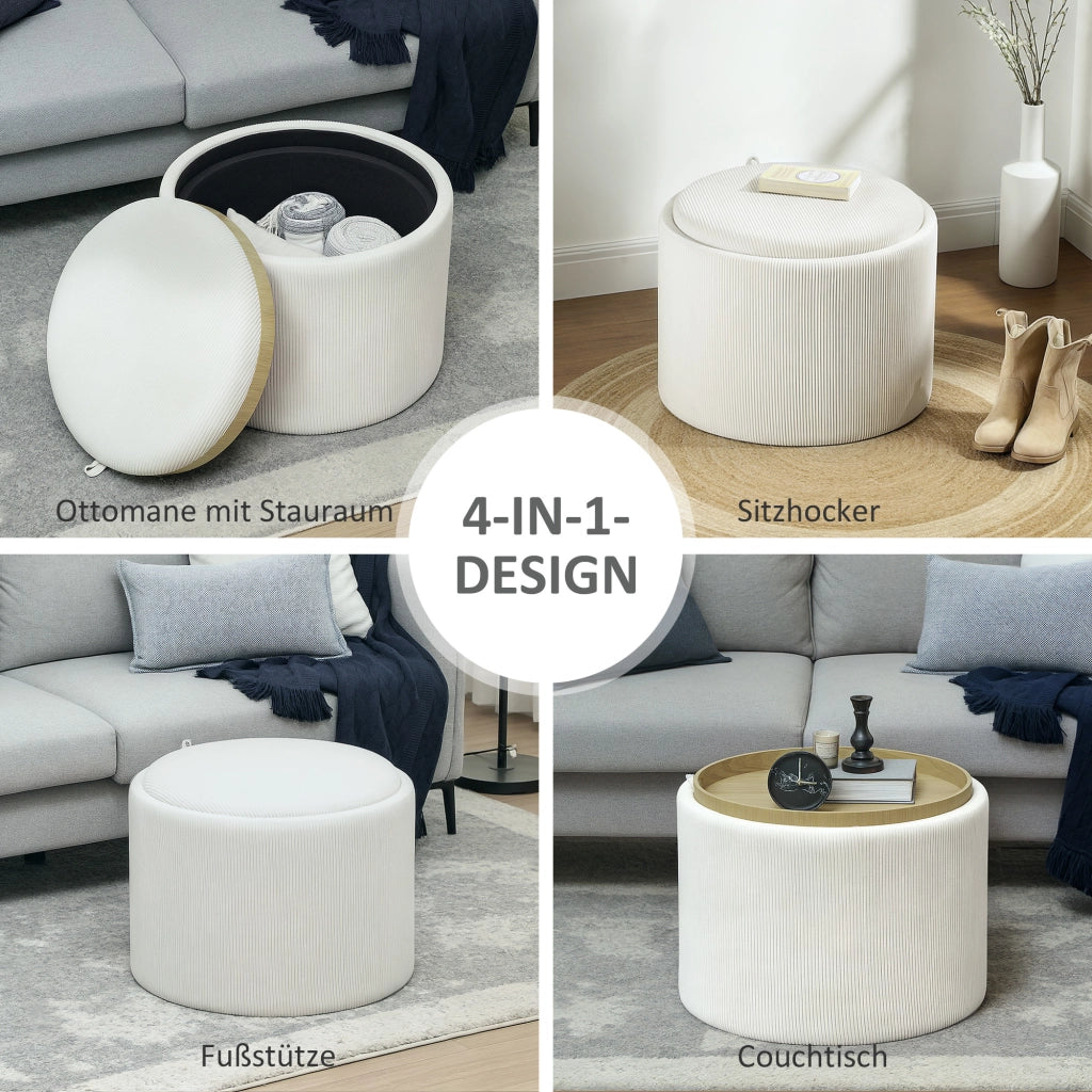 Pouf contenitore rotondo ¨C Xylo ¨C Tessuto a coste crema con vano portaoggetti