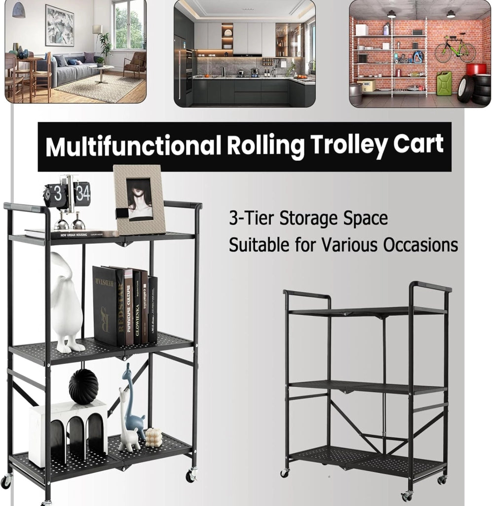 Carrello Cucina Pieghevole a 3 Ripiani, in Mettallo, Scaffale Cucina con Ruote, Scaffale per Microonde, Forno, Tostapane, Carrello di Servizio Salvaspazio, 73 x 33 x 94 cm, Nero