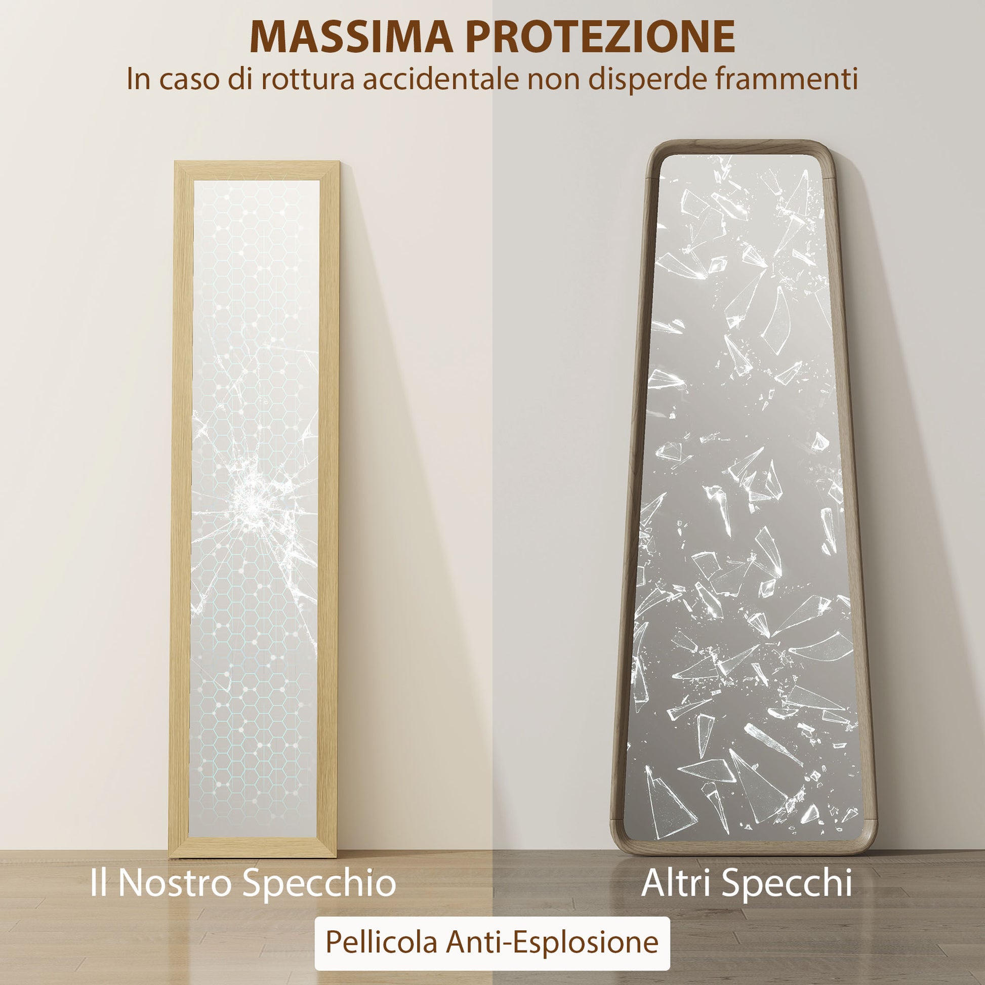 Specchio Verticale Autoportante o da Parete 37x40x155 cm con Cornice in MDF Quercia