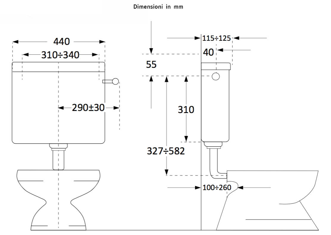 Cassetta WC a Zaino con 1 Pulsante 44,5x14x36 cm Forlani Pratika Bianca