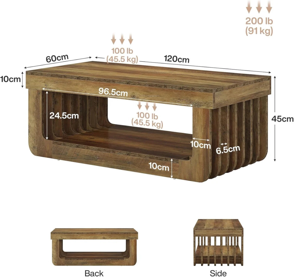 Tavolino basso con ripiano inferiore e vani aperti, stile rustico, per soggiorno, in MDF marrone, 120 × 60 × 45 cm