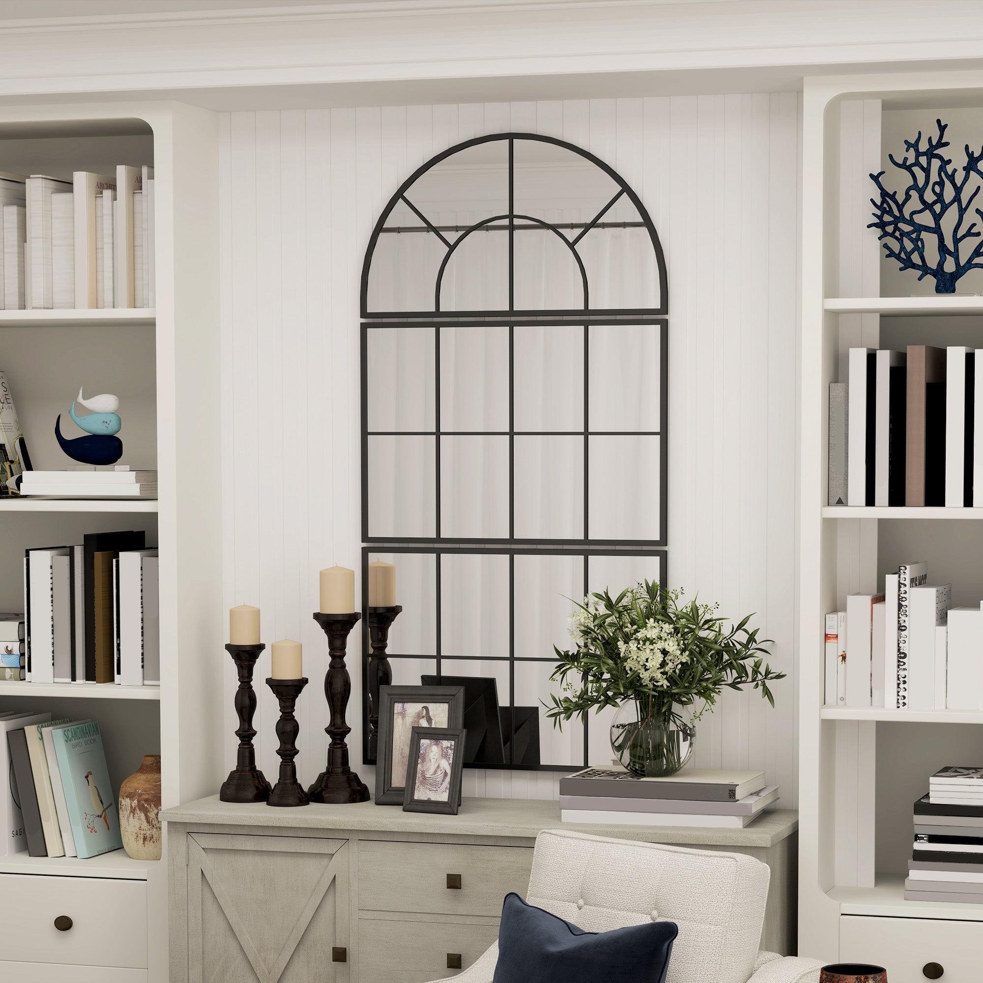 Specchio da Parete ad Arco Stile Finestra Telaio in Metallo Nero