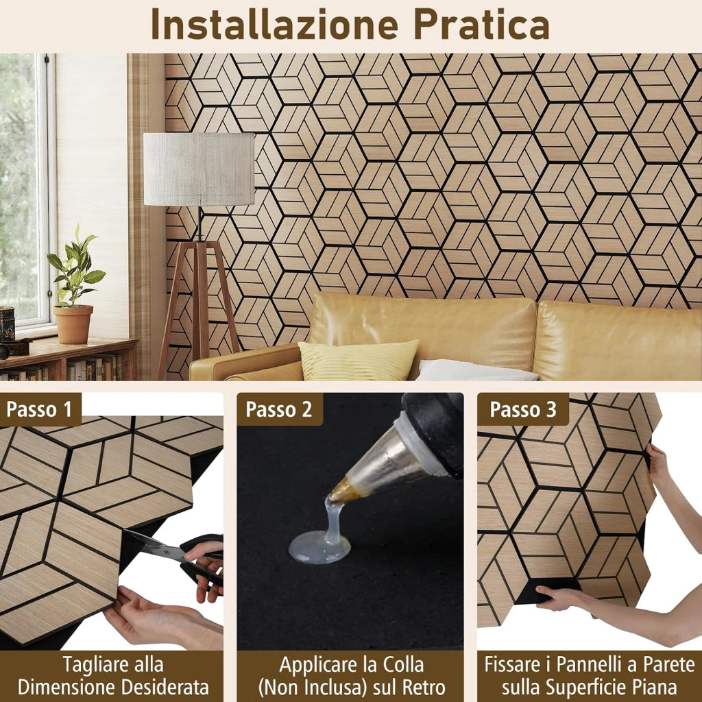 Set di 4 Pannelli Fonoassorbente, Pannelli Acustici per Pareti, 81x 66 cm, 9 Tavoletta Esagonali in Legno, per Riduzione del Rumore, Decorazione Interna, 2,1 m²