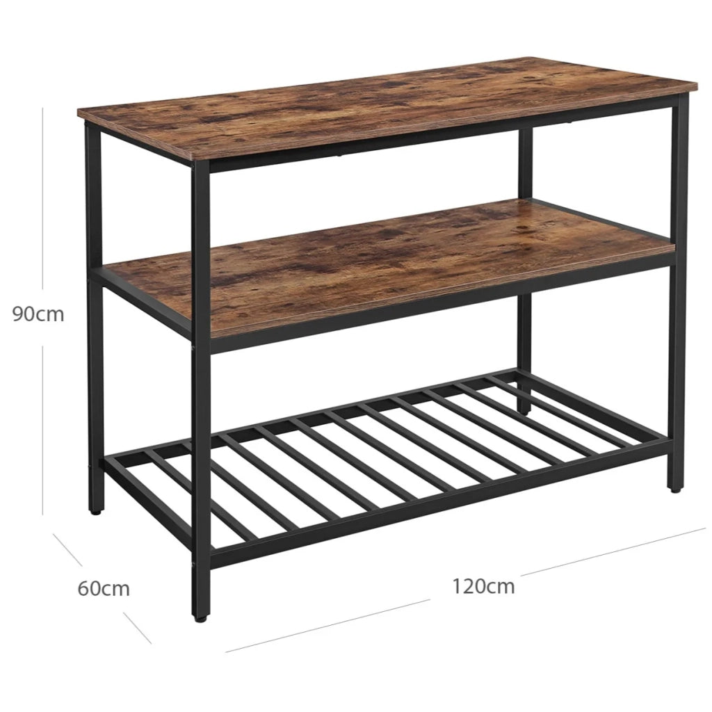 Scaffale portaoggetti da cucina a 3 ripiani con piano di lavoro struttura in acciaio robusto 120 x 60 x 90 cm facile da montare marrone rustico e nero 12_0005641