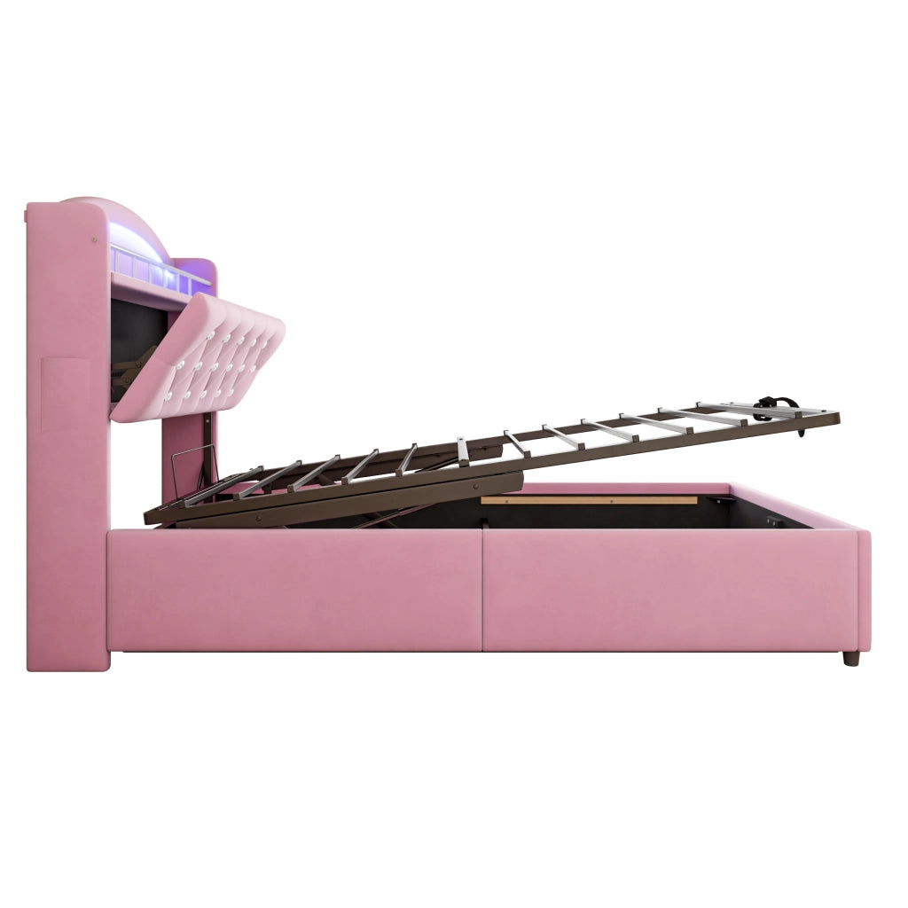 DESMIU Lit enfant 90 × 200 cm con contenitore, LED, 3 USB e Type-C, senza materasso, in velluto, rosa