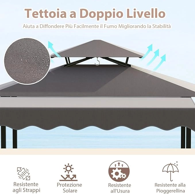 Gazebo per Barbecue, Pergola per BBQ con Tavolo Bar e 2 Sgabelli Bar Pieghevoli, Ripiani di Stoccaggio in Metallo, per Giardino e Cortile, 193 x 117 x 240 cm (Grigio)