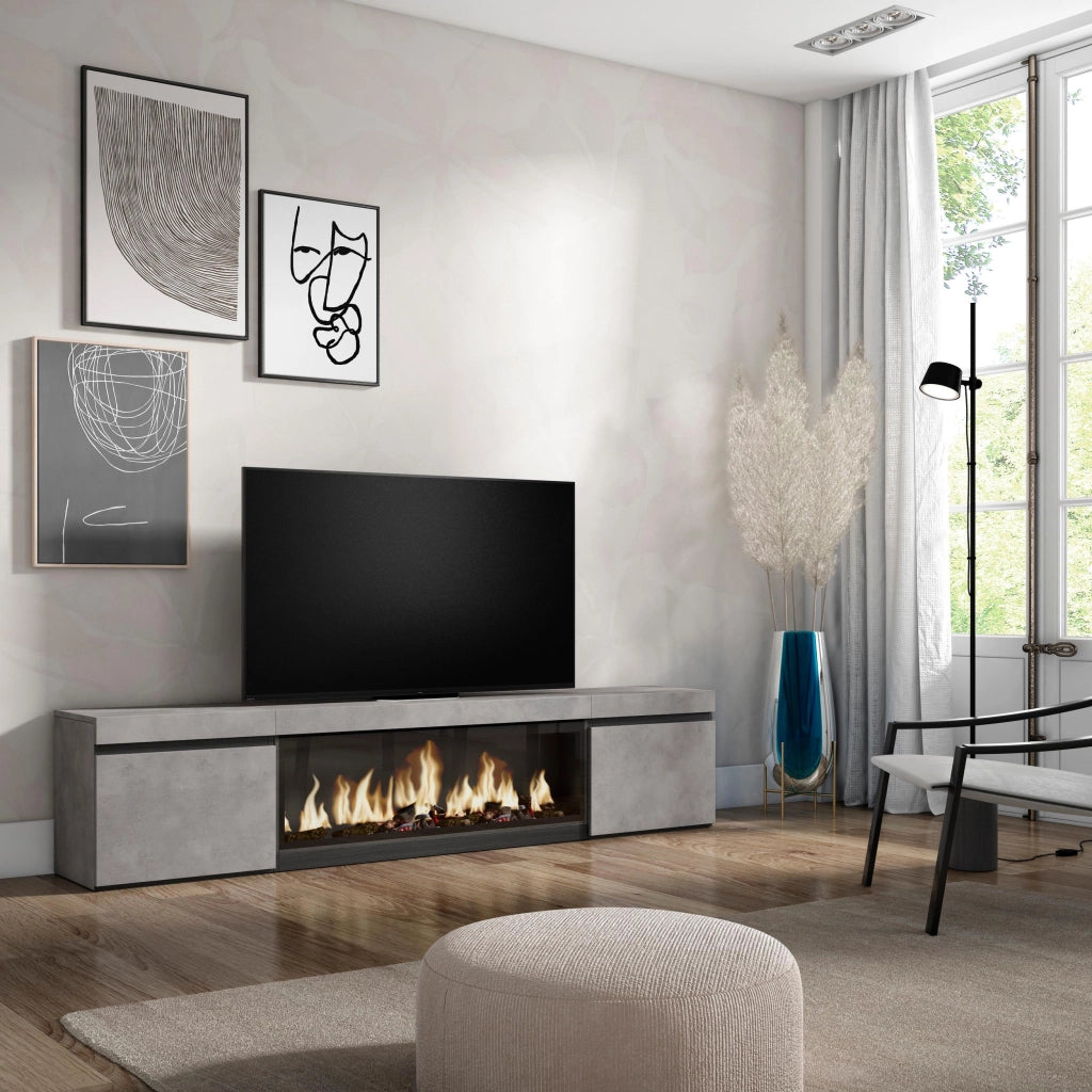 Mobile TV, Soggiorno, 208x35x45cm, Per TV fino a 80", Camino elettrico XXL, grigio cemento RF3209