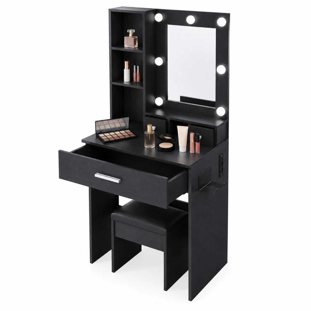 Toeletta nera in MDF con specchio LED, presa e sgabello