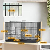 Gabbia per Uccelli con Divisorio e Ripiano Inferiore Portaoggetti, in Acciaio e PP, 94x57x57 cm, Nero