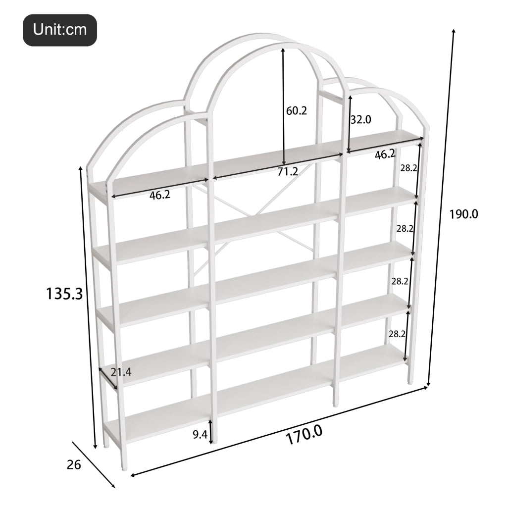 Libreria a 5 ripiani 170 x 26 x 190 cm in MDF e metallo, bianco, stile moderno con decorazione a forma di nuvola