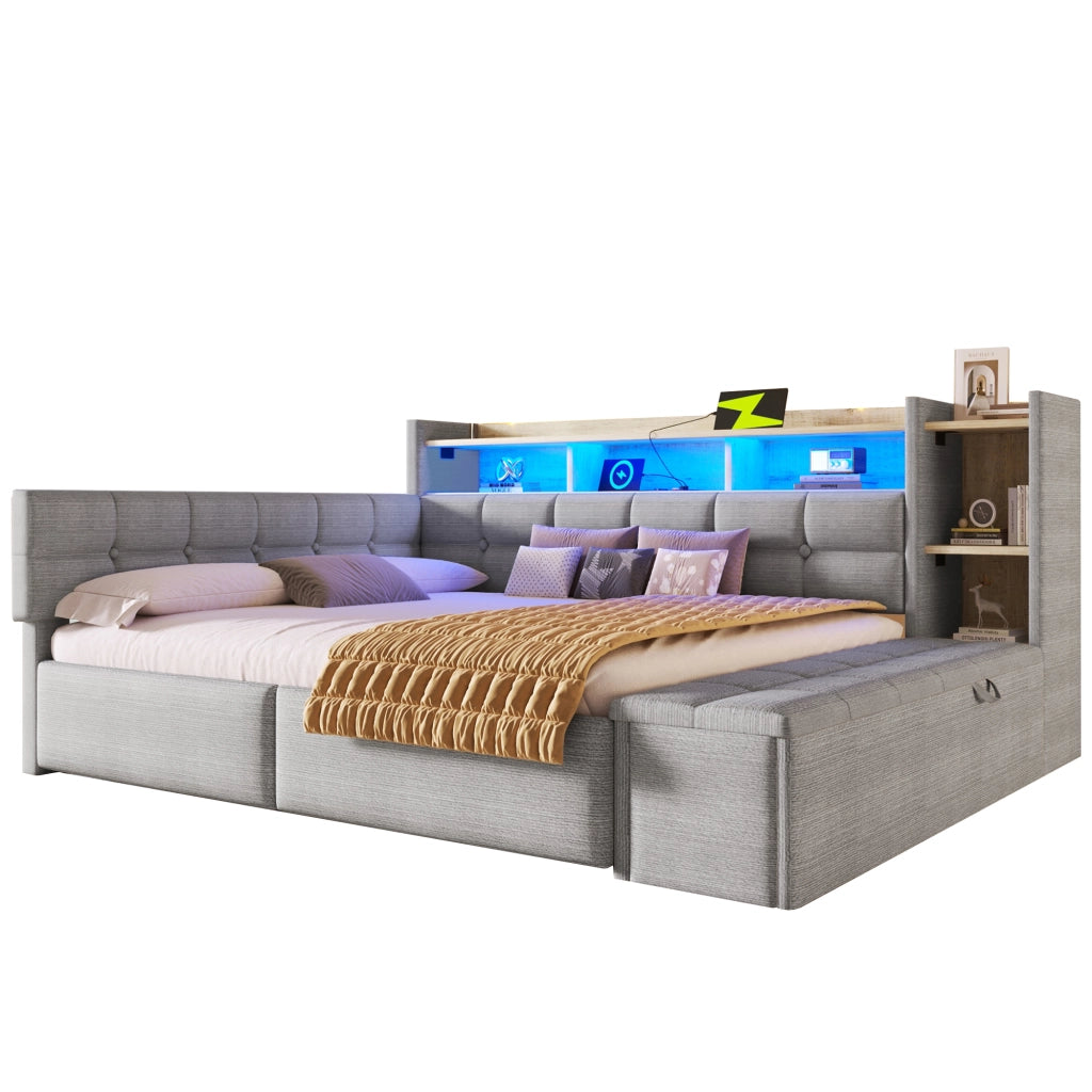 Divano letto 140 x 190 cm con contenitori e cassetti letto matrimoniale per camera in MDF e velluto grigio