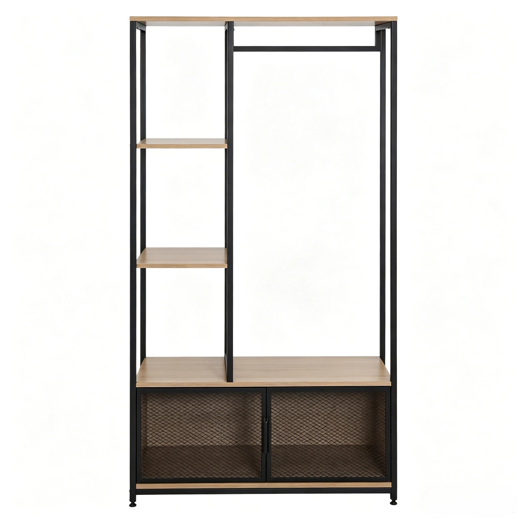 Appendiabiti aperto in MDF e metallo con ripiani, 90x40x167 cm, design industriale, nero e rovere chiaro