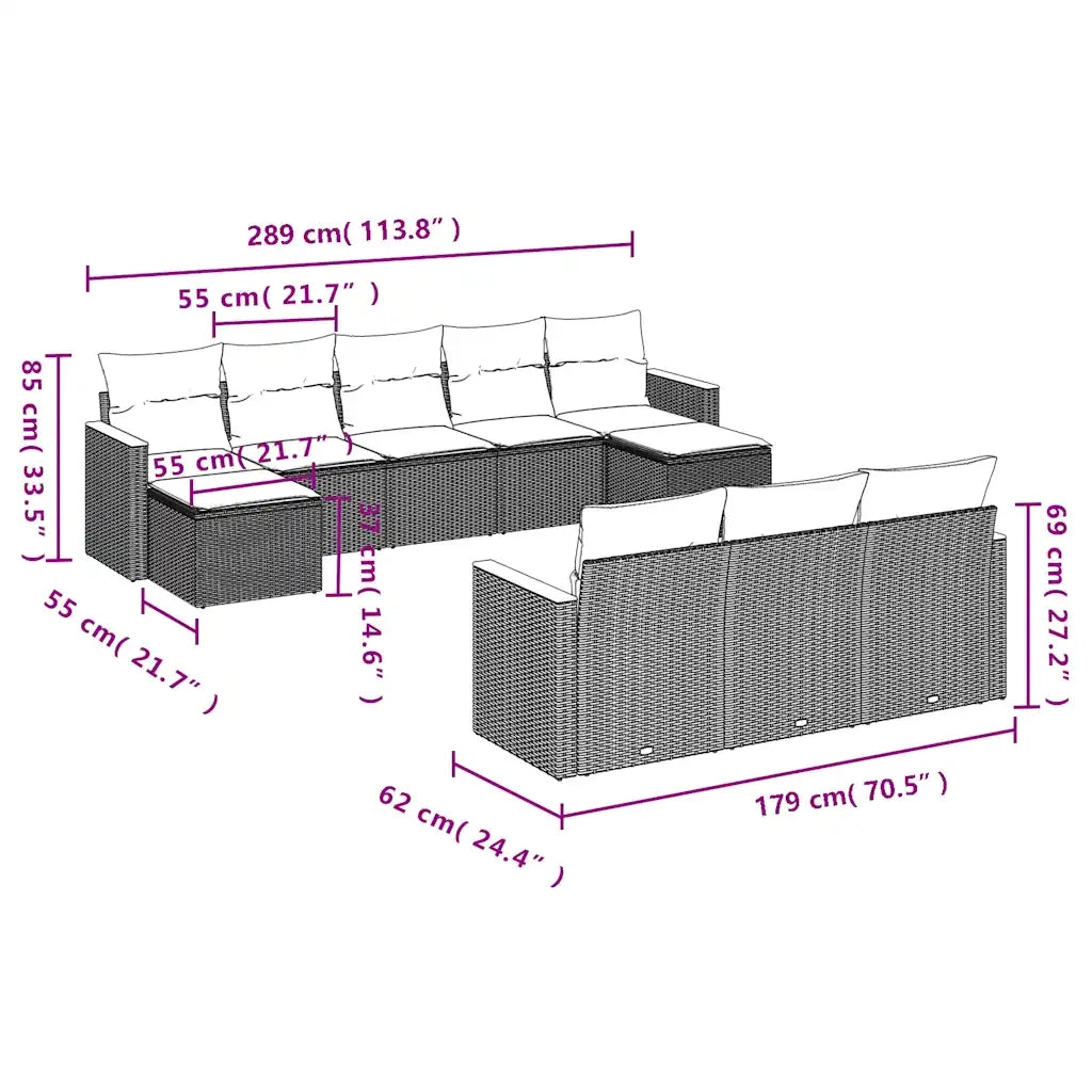 Set Divani da Giardino 10pz con Cuscini in Polyrattan Nero 3258815