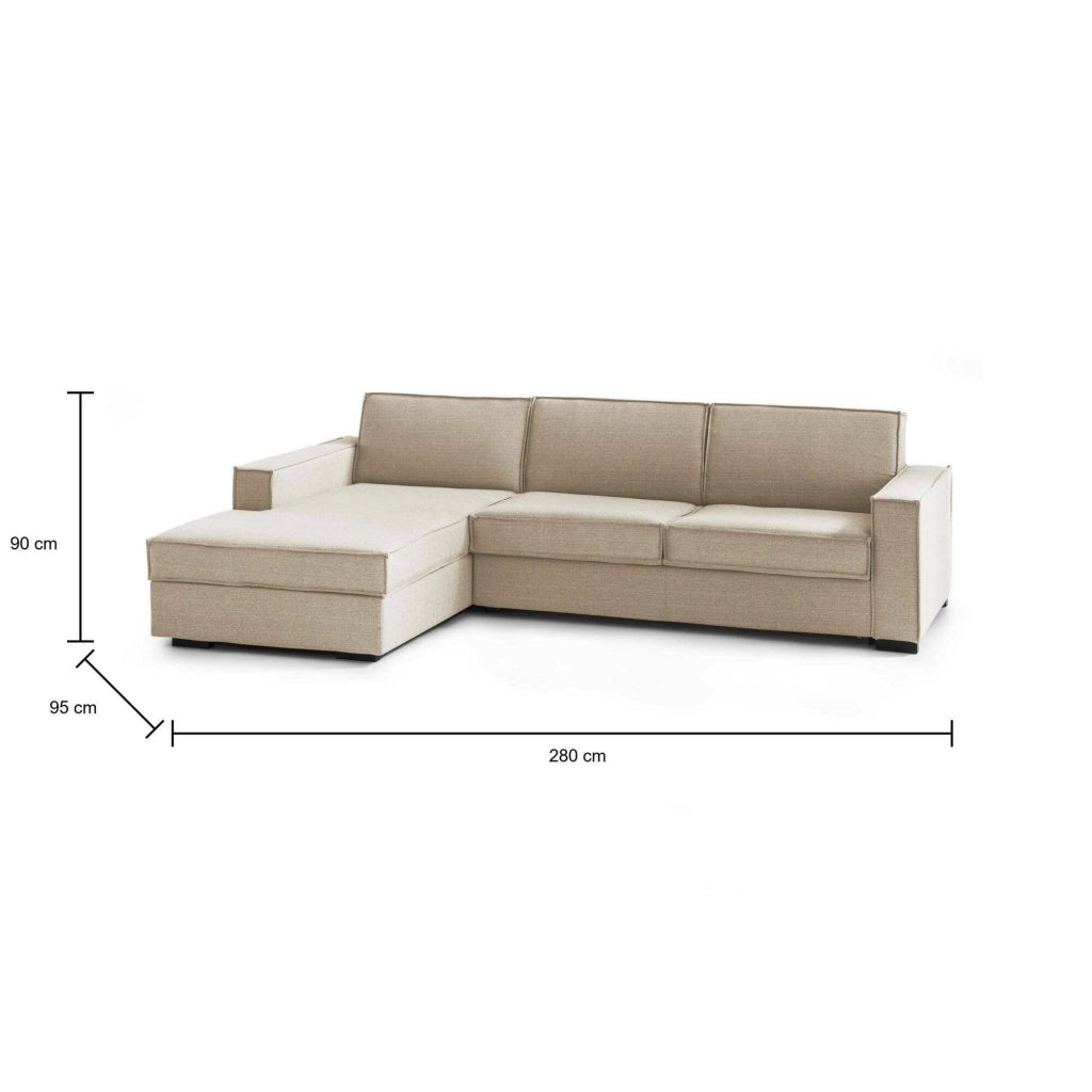 Divano fisso Anila, Divano ad angolo, Made in Italy, SofÒ  Soggiorno con, penisola contenitore Sinistra, con Braccioli standard, cm 280x95h90, Beige