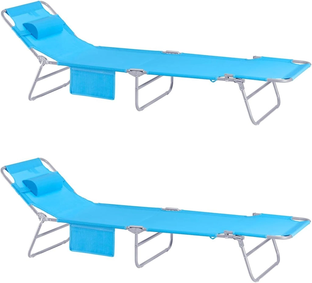 Set di 2 Sdrai da Giardino Lettino Prendisole con Cuscino e Tasca Laterale Sedia Sdraio da Esterno per Patio, Campeggio Spiaggia, Sdraio Pieghevole da Giardino Azzurro 155x56x81cm OGS35-Bx2