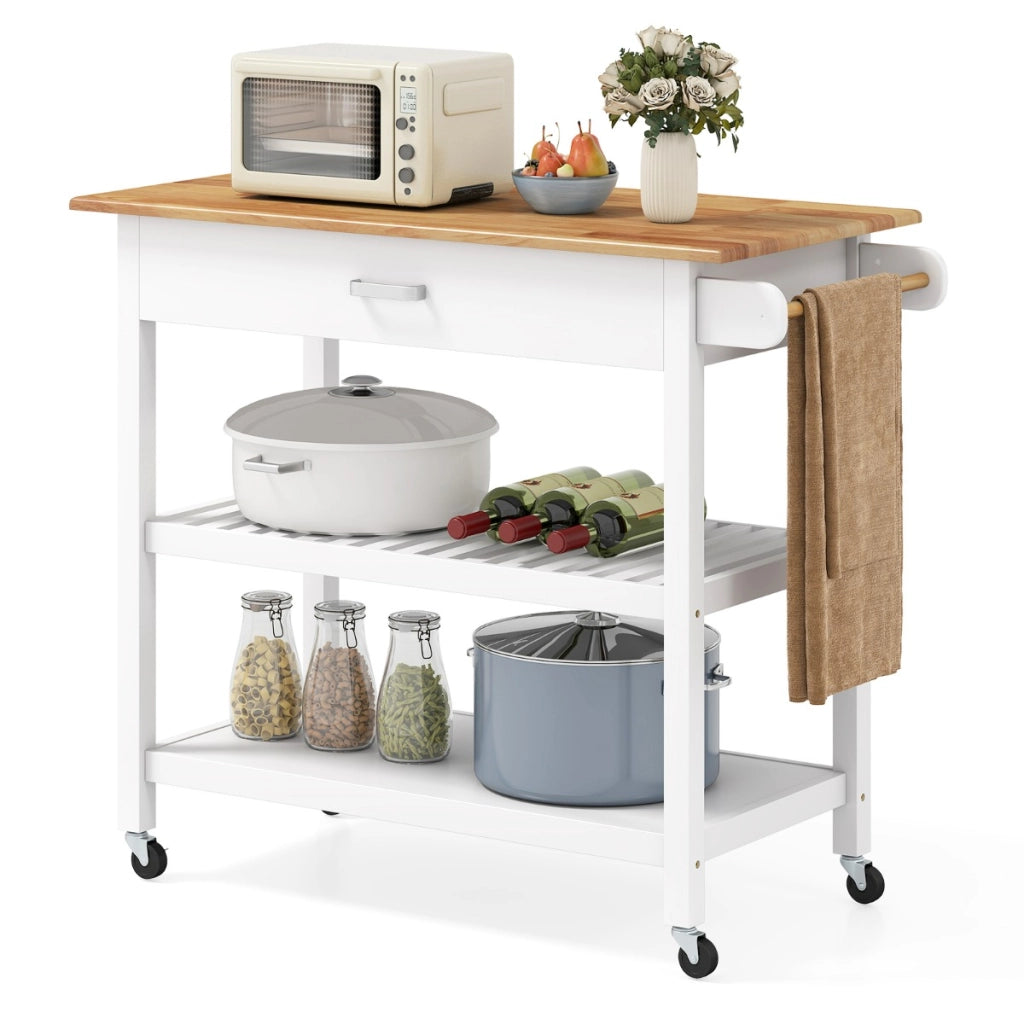 Carrello di servizio a 3 livelli con piano in legno e 2 ripiani aperti-Buffet-Armadio da cucina Isola da cucina con spazio di archiviazione Bianco