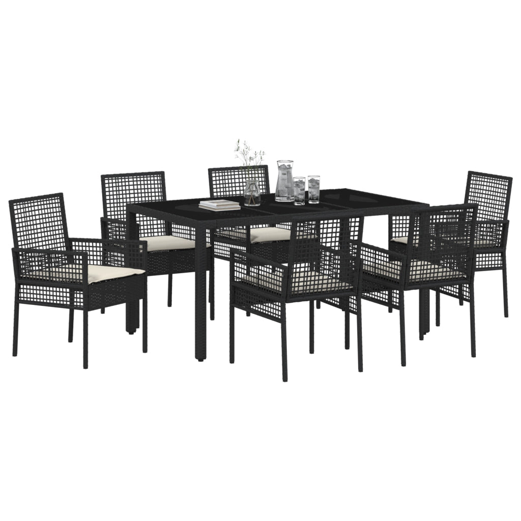 Set da Pranzo da Giardino 7 Pezzi con Cuscini Nero Poly Rattan