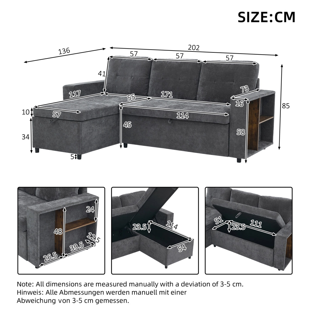 Divano angolare con contenitore e chaise longue reversibile con ripiani in chenille grigio 202 × 136 × 85 cm