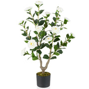 Albero di camelia artificiale da 90 cm, Pianta finta con fiori in vaso da vivai, Bianco e Verde-Piante artificiali