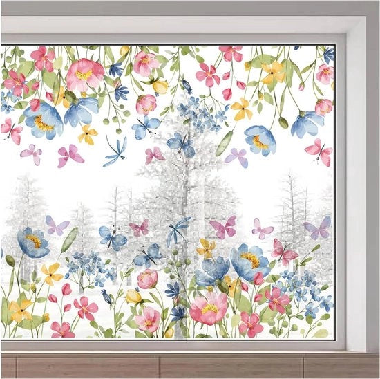 Sticker per finestra a tema primavera - fiori d'estate farfalle - adesivi per vetri anti-urto riciclabili.