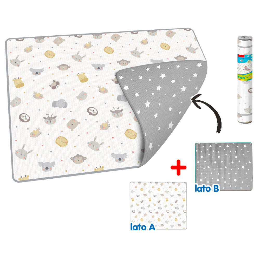 Tappeto Morbido per Bambini 200x150 cm Arrotolabile Doppia Grafica Animali e Stelline Multicolore